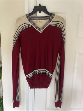 Vintage Jockey Men's V-Neck Sweater - Burgundy with Cream and Blue  Stripes
